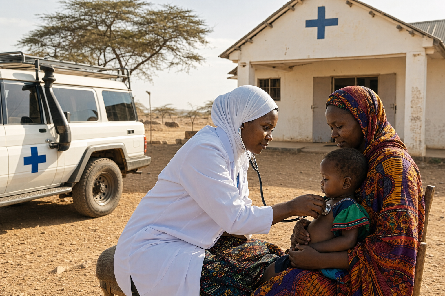 Afrika kırsalında sağlık tesisi — medikal cihazlar ve mobil sağlık ünitesi